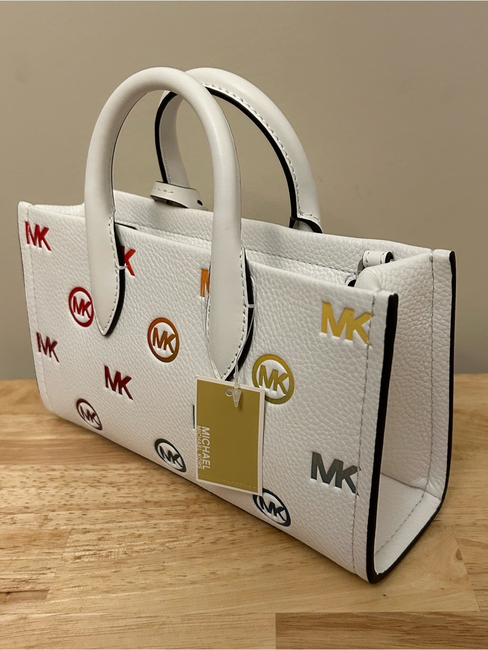 Michael Kors White Leather Satchel with Multicolor MK Accents - Picture 6 of 15